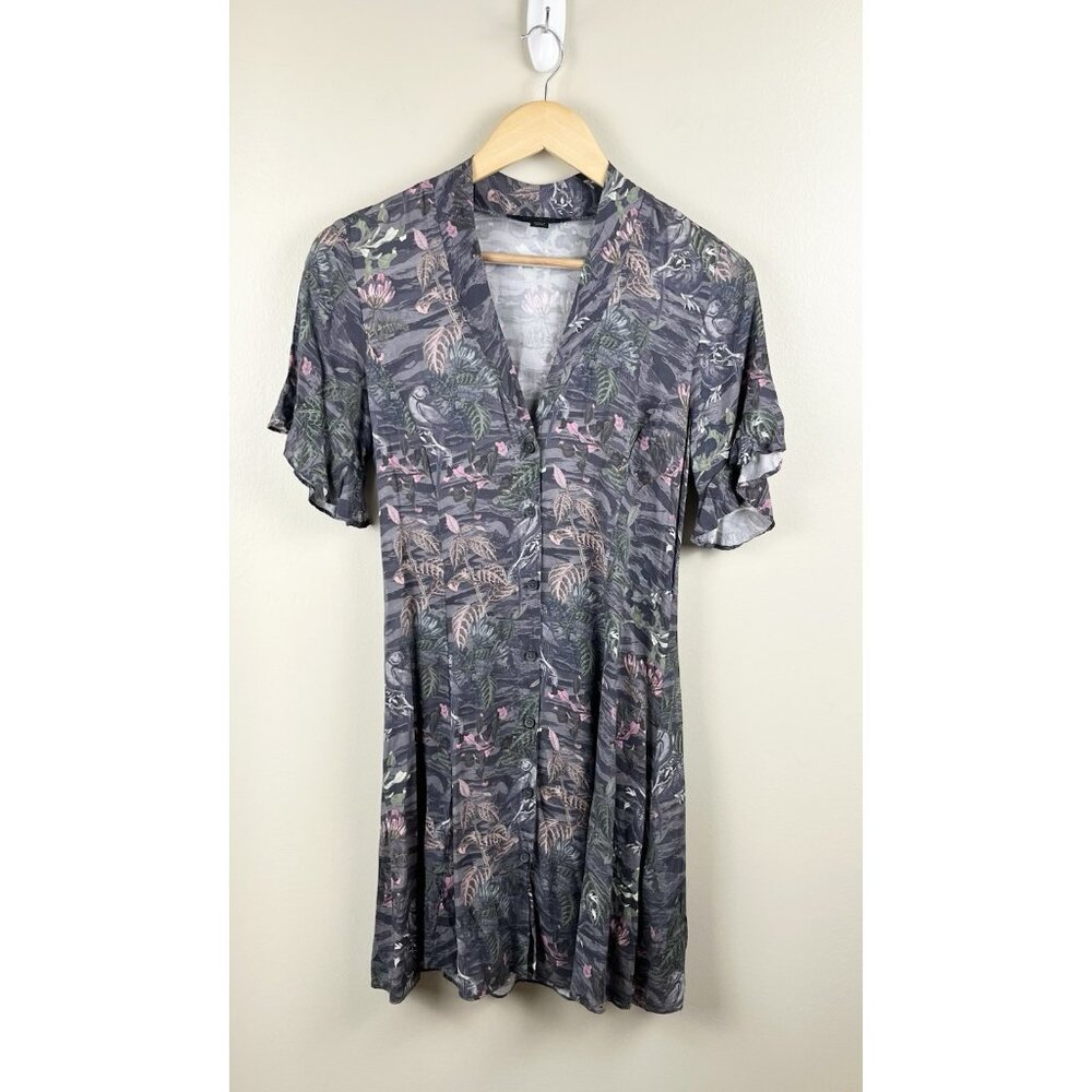Allsaints Fay Paradeep Bird Foliage Print Tie Back V Neck XS Mini Dress Button